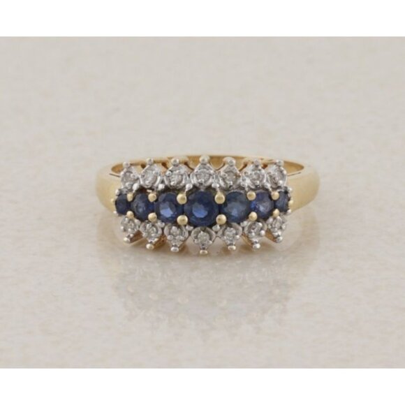 10k Yellow Gold Natural Blue Sapphire and Diamond Band Ring Size 6 1/4 - Picture 1 of 8